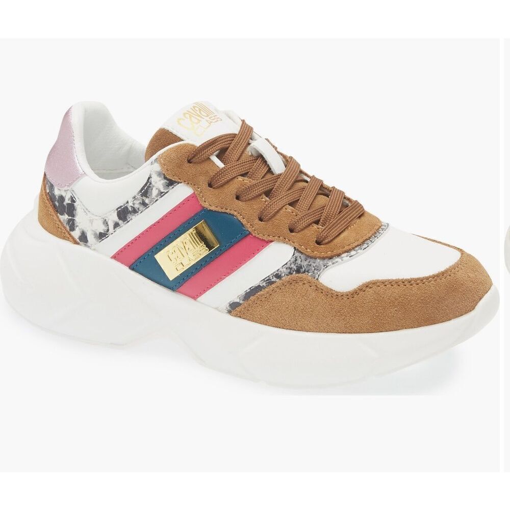 Roberto Cavalli Jilly Sneaker in Taupe White Natural Fuxia NWB Size 8